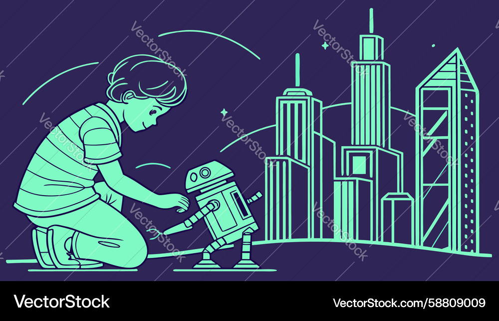 Child and robot exploring a dynamic city Vector Image