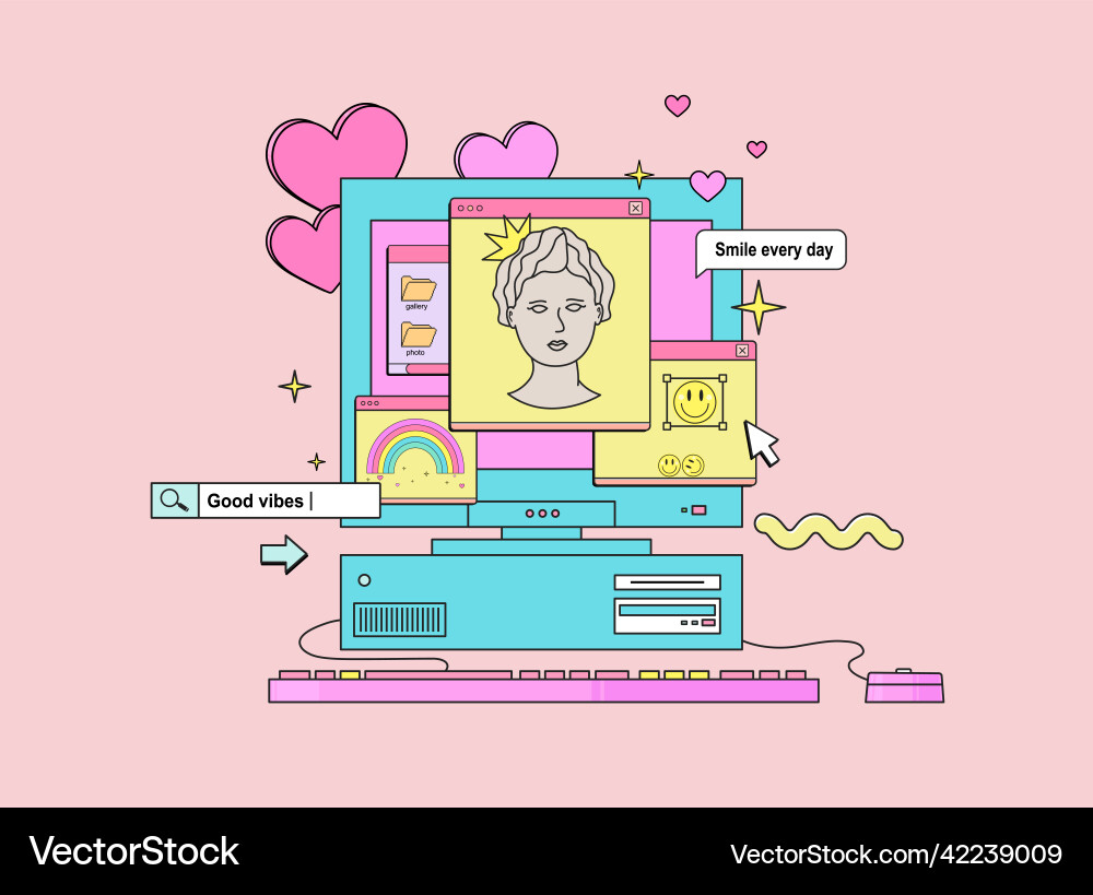 Retro pc with interface elements art objects Vector Image