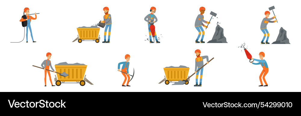Man miner character in uniform and hard hat work Man miner character in uniform and hard hat work Vector Image