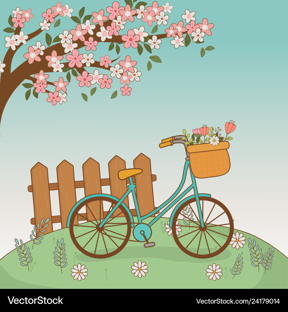 Fahrrad mit Blumenkorb und Zaun Fahrrad mit Blumenkorb und Zaun vektorbild