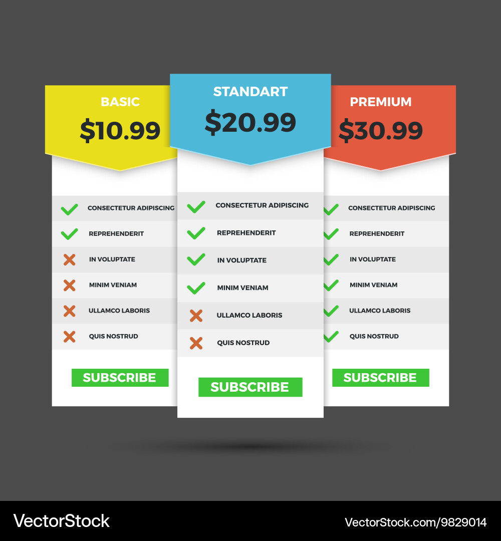 Pricing Table Template - Website & App Vector Image