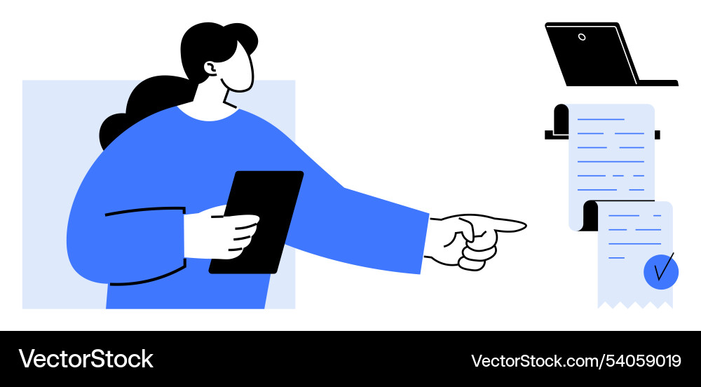 Character pointing at floating documents Character pointing at floating documents vector image