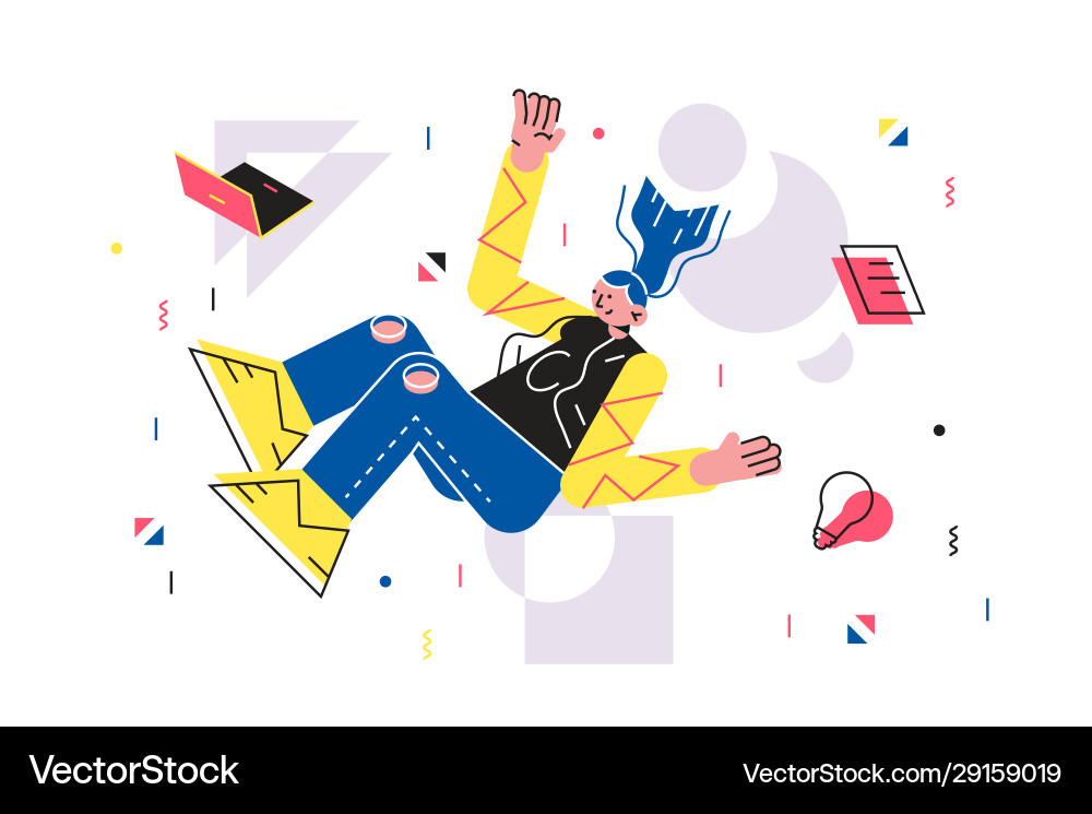 Girl falling down with laptop file and light bulb Girl falling down with laptop file and light bulb vector image