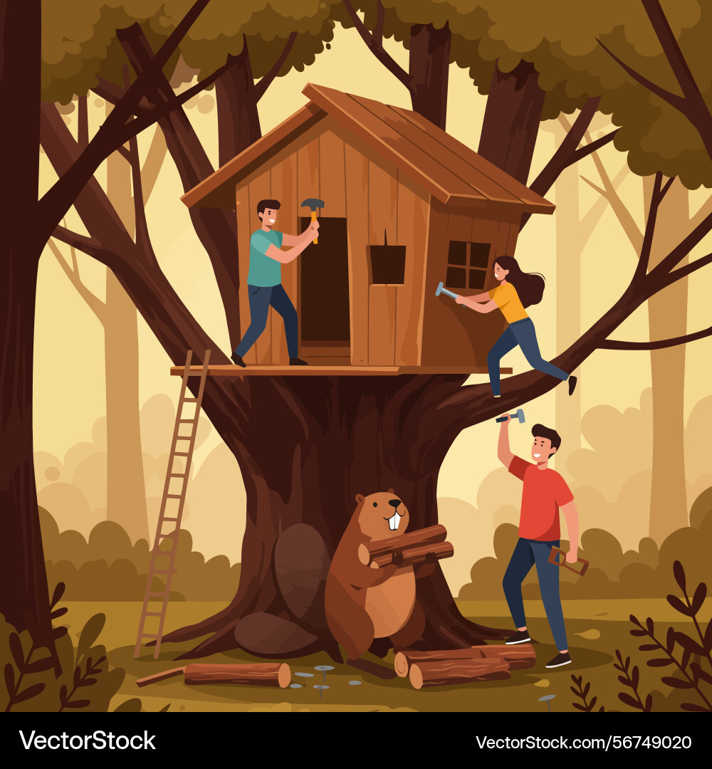 Building a treehouse with friends and helpful Building a treehouse with friends and helpful vector image