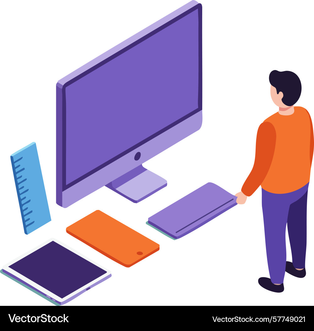 Man standing near computer monitor with notebooks Man standing near computer monitor with notebooks vector image