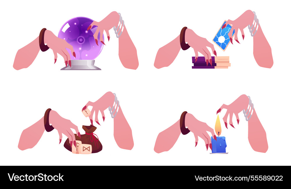 Fortune tellers hands with occult items set Fortune tellers hands with occult items set vector image