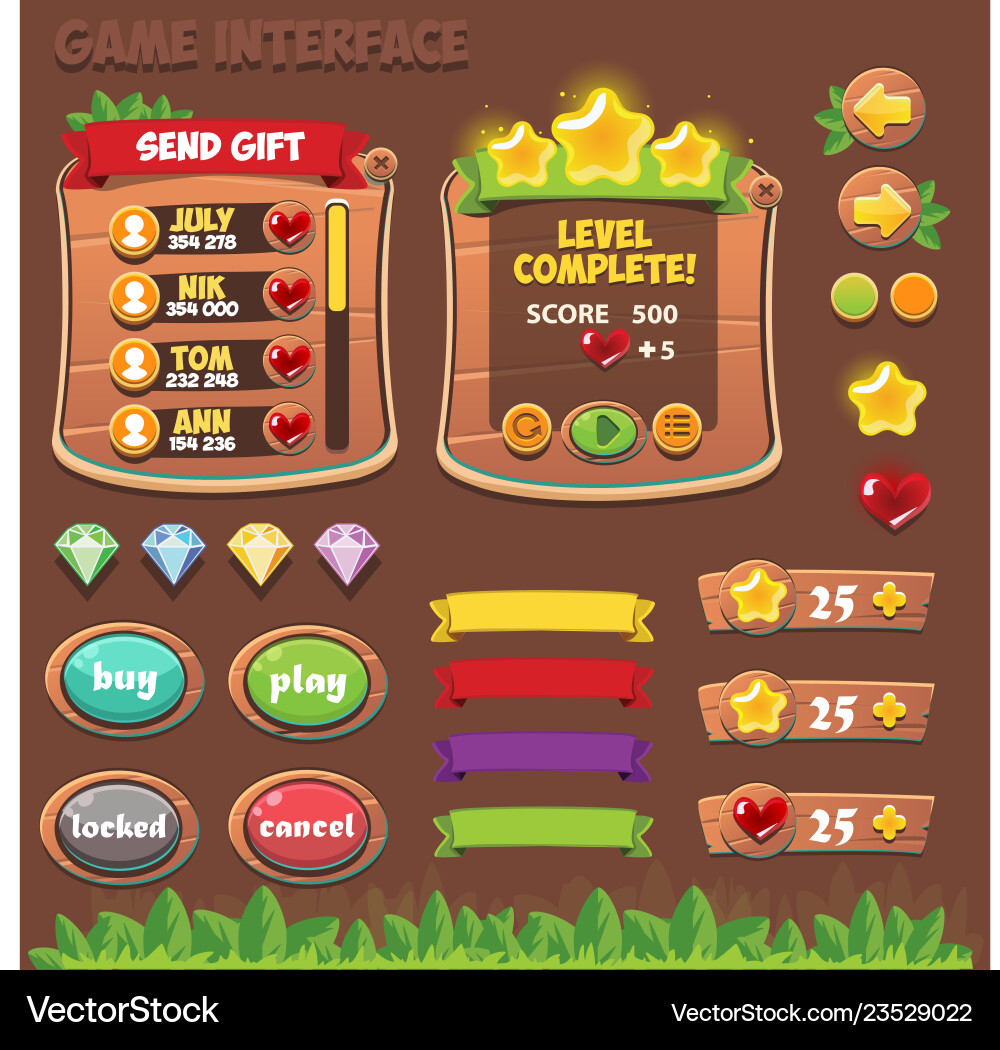 Wooden Game UI Elements Vector Image