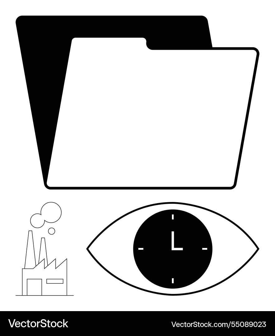 Folder clock in eye and factory outline Folder clock in eye and factory outline vector image