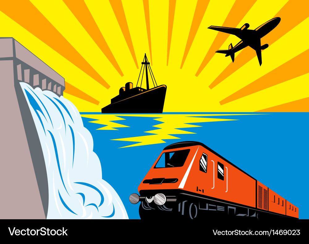 Retro Train and Shipscape Vector Image