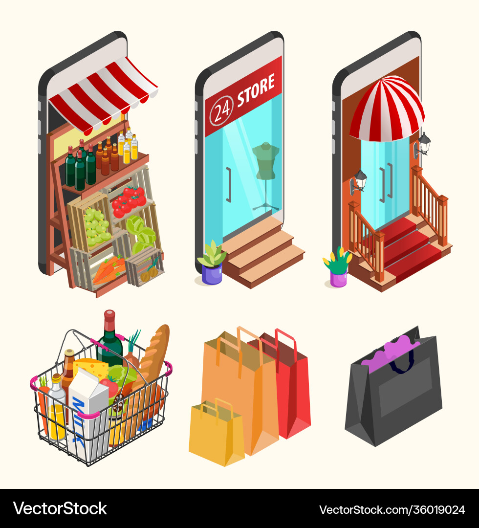 Online-Shopping-Konzept isometrische Smartphones Online-Shopping-Konzept isometrische Smartphones vektorbild