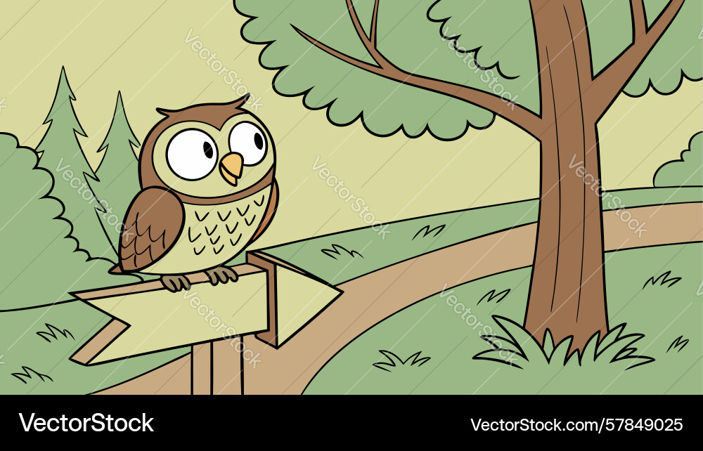 Cartoon owl in a forest setting tree and path Vector Image