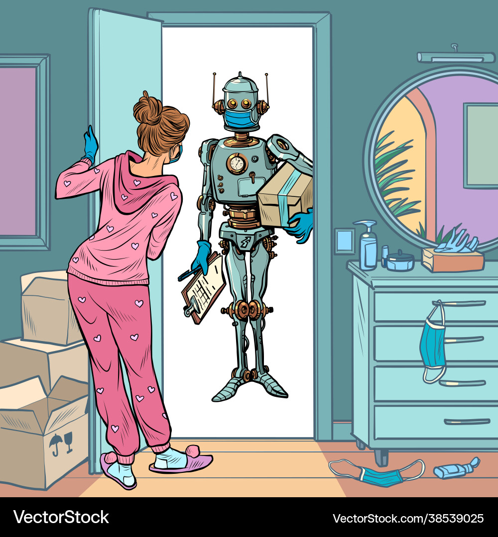 Robot courier in a medical mask safe delivery Robot courier in a medical mask safe delivery vector image