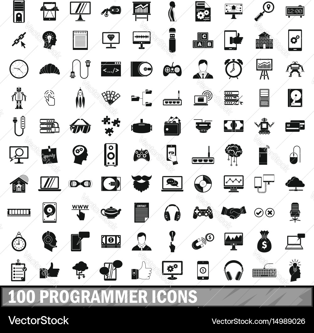 100 programmer icons set simple style Vector Image