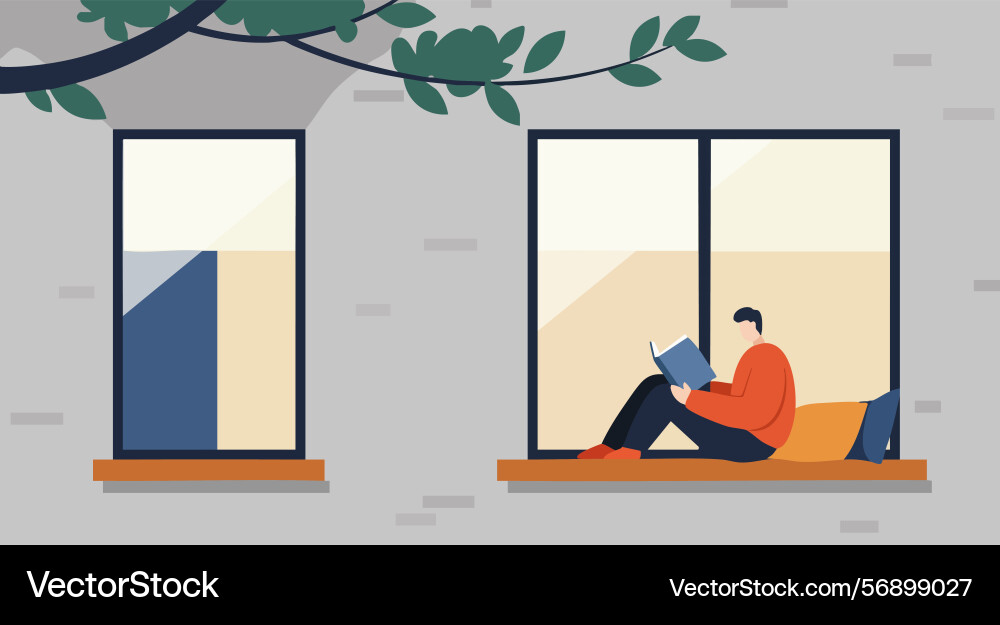 Man reading book in window sitting on ledge Vector Image