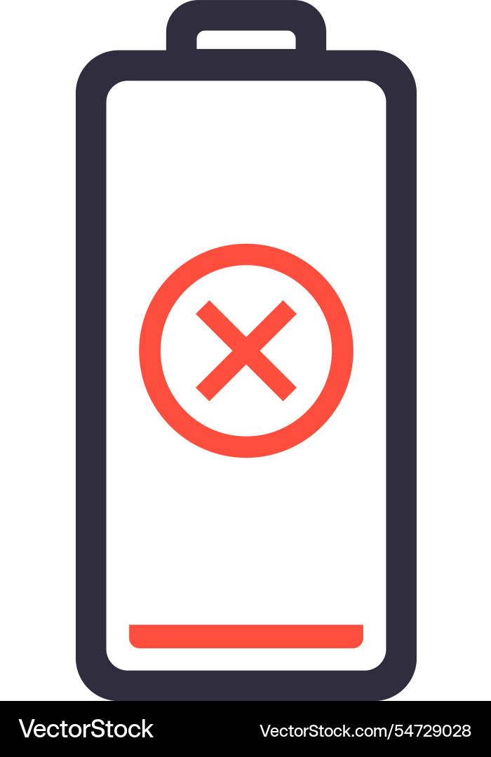 Displaying an empty battery with a red cross sign Displaying an empty battery with a red cross sign Vector Image