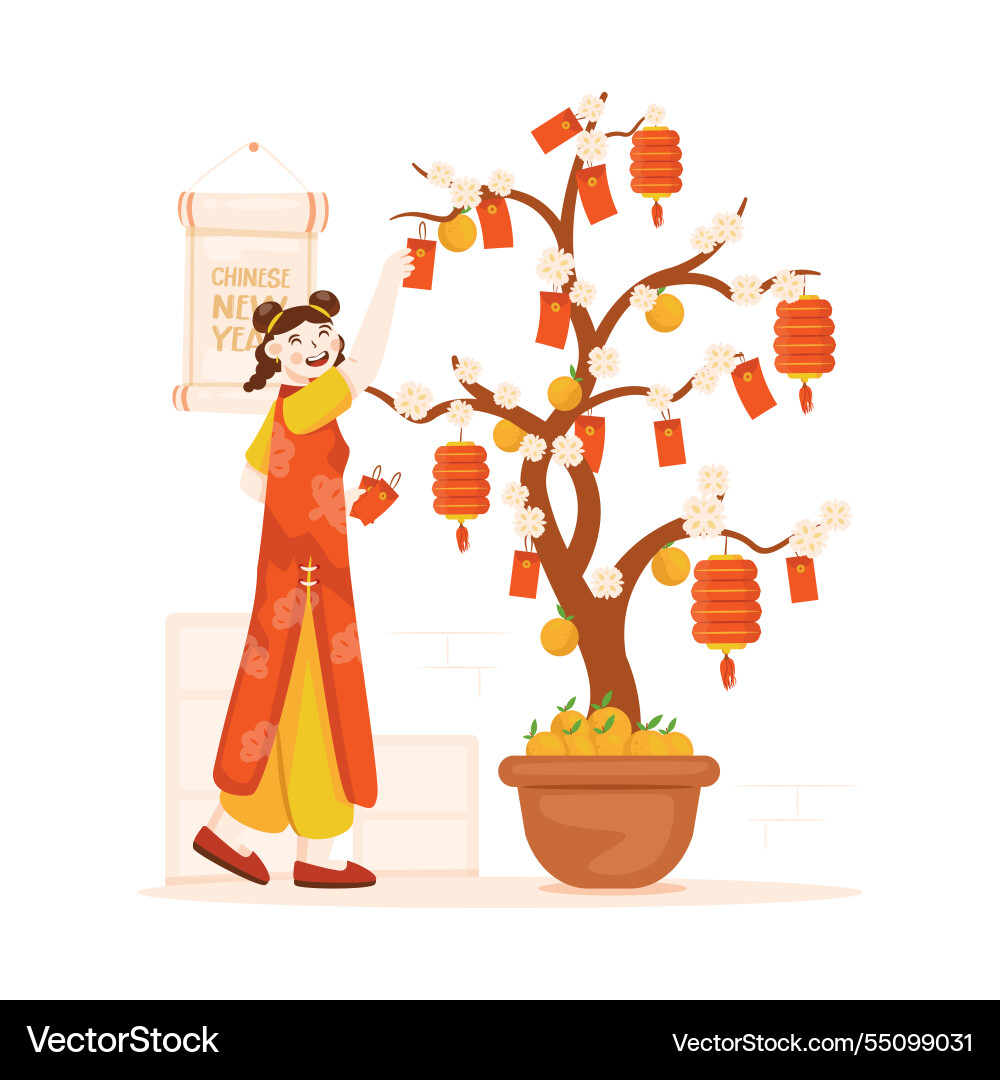 Cute girl decorating chinese angpao tree Cute girl decorating chinese angpao tree vector image