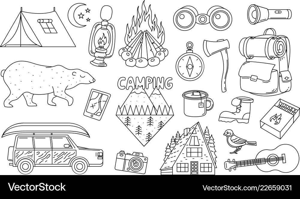 Set von niedlichen Campingelementen Aufkleber doodle Set von niedlichen Campingelementen Aufkleber doodle vektorbild