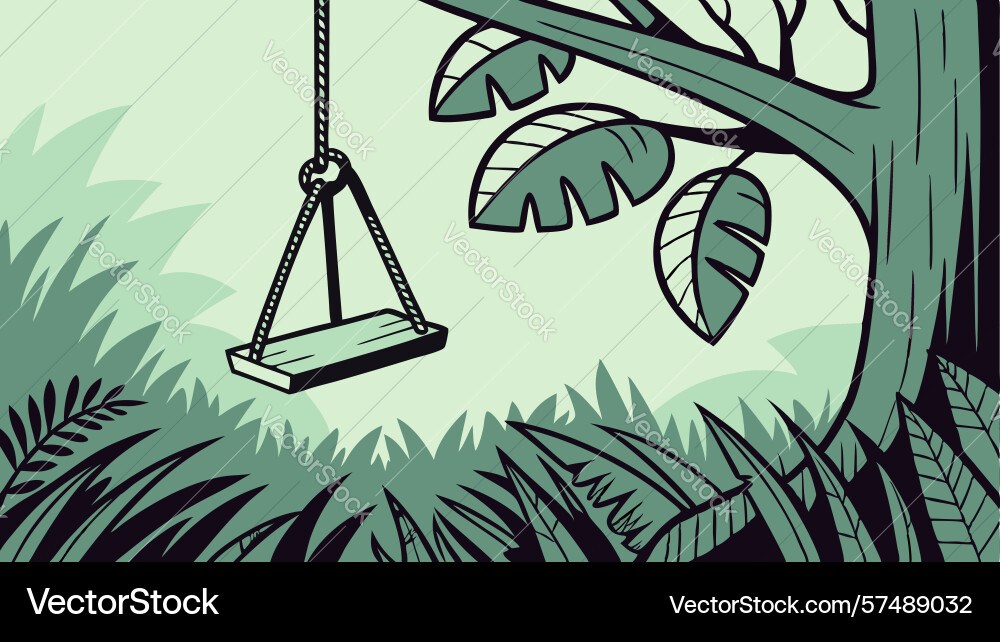 Simple tree swing hanging from branch in lush vector image