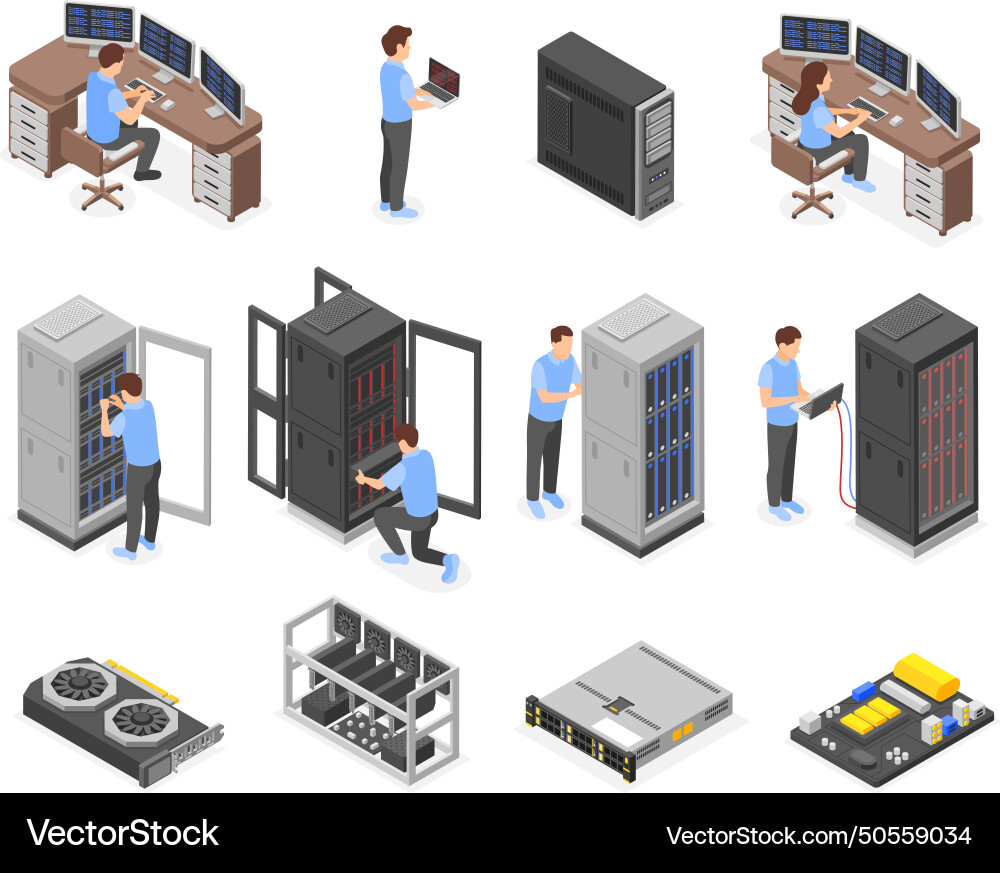 Isometric engineers characters data center Isometric engineers characters data center vector image