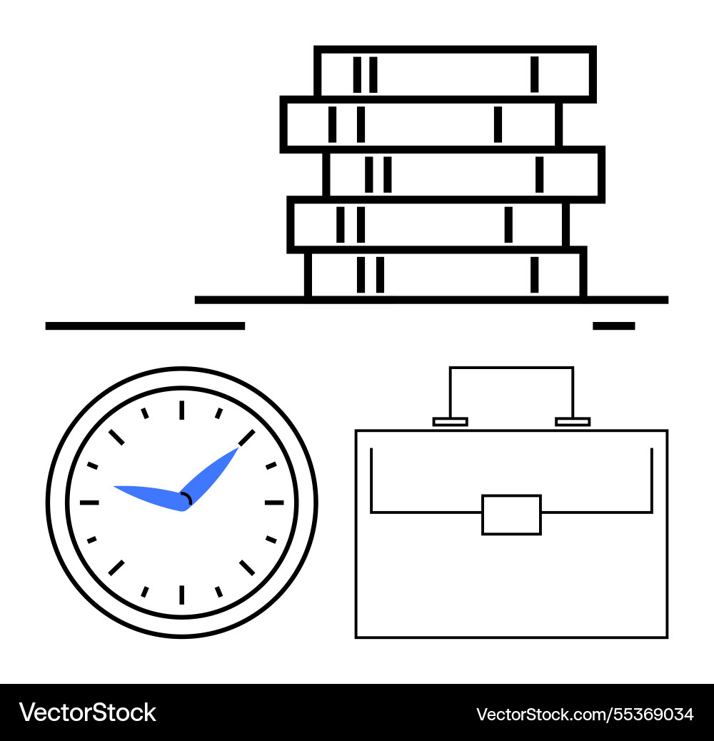 Stacked books clock and briefcase representing Stacked books clock and briefcase representing vector image