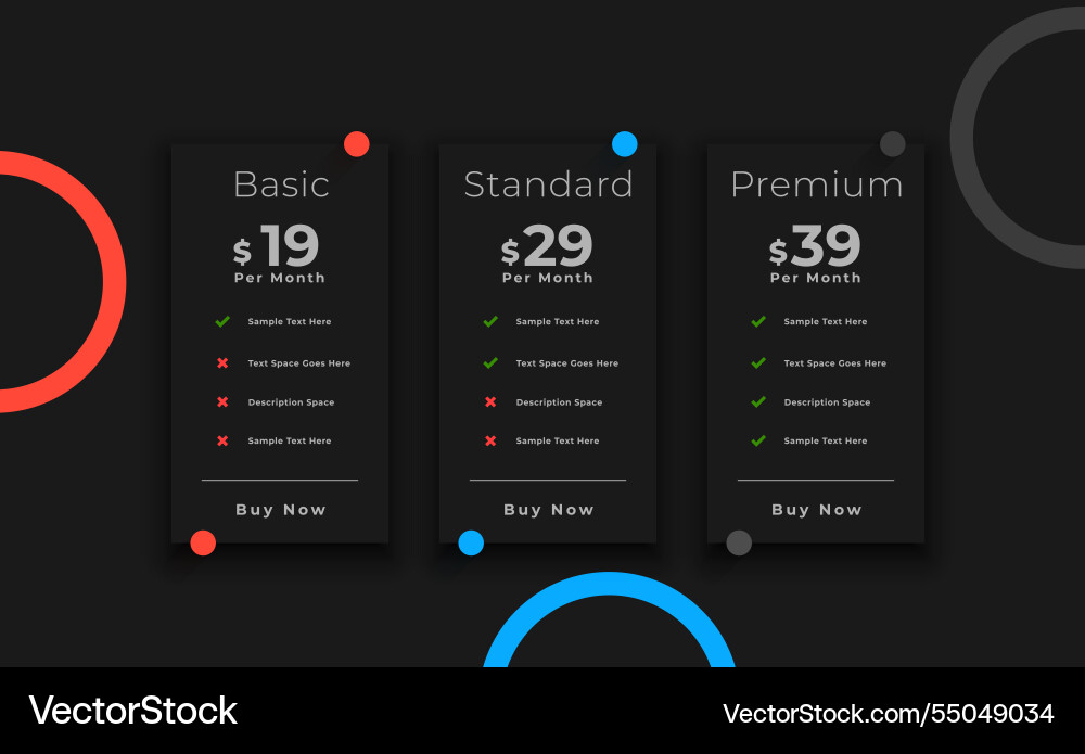 Three column pricing chart template for uiux app vector image