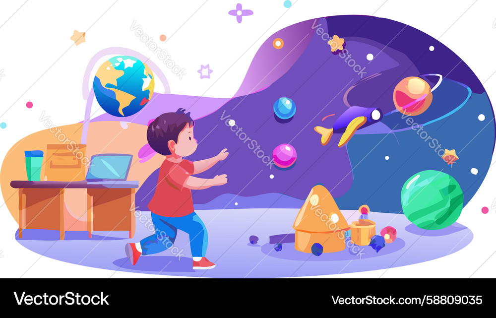Child and robot playing with toy spaceships Vector Image