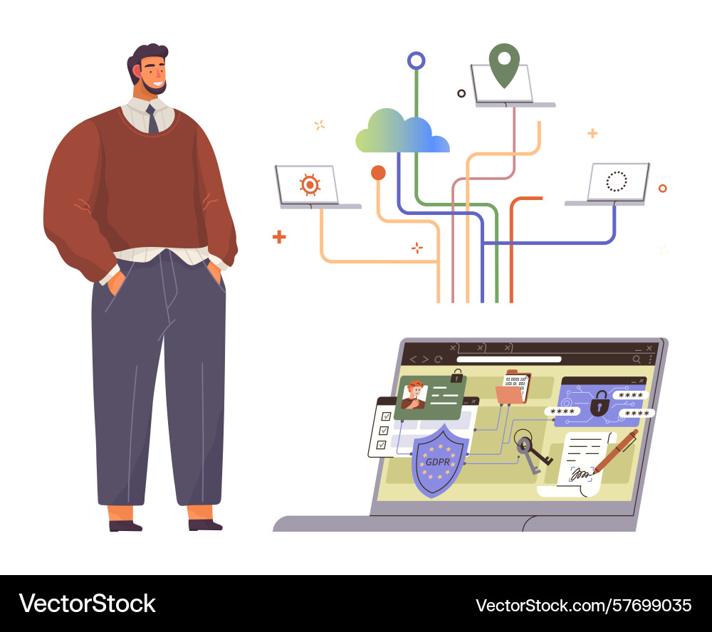 Man contemplating data security and cloud network vector image