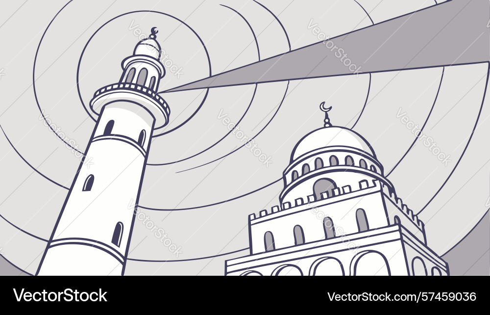 Lighthouse and temple with concentric rays design Vector Image
