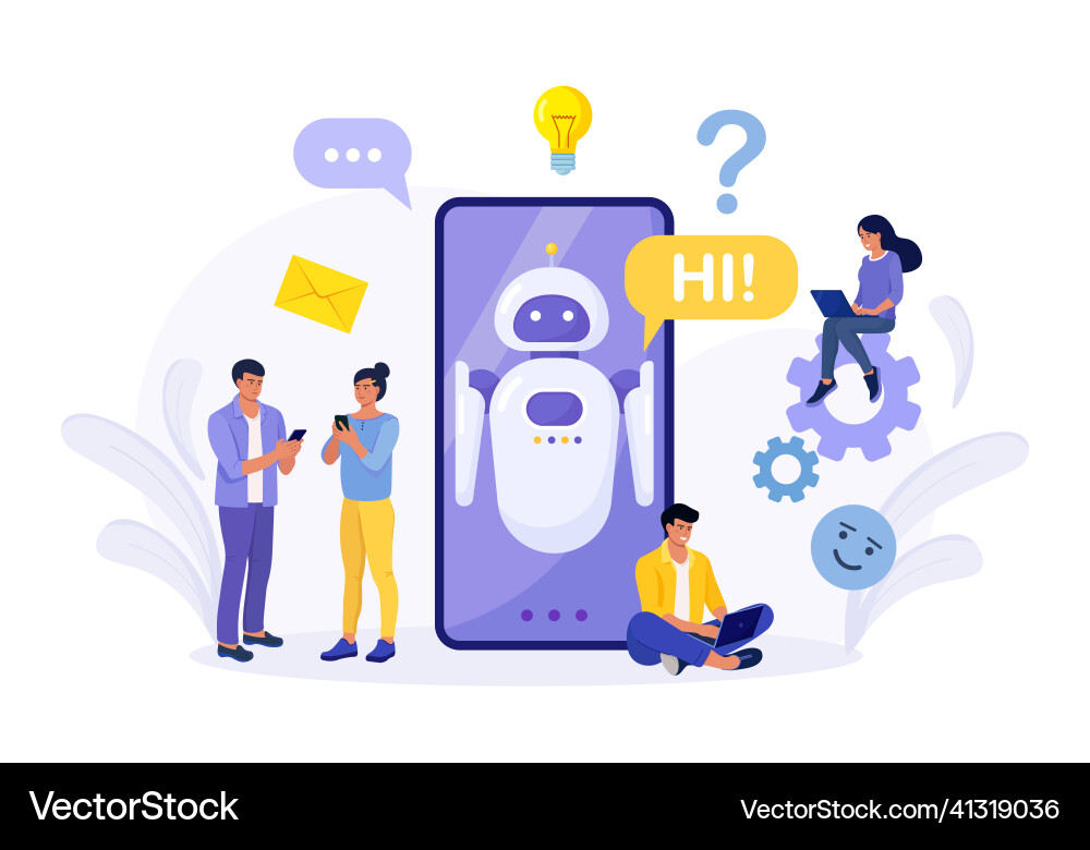 Tiny people chatting with chatbot application Tiny people chatting with chatbot application vector image