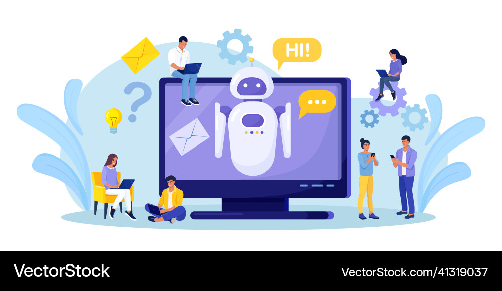Tiny people chatting with chatbot on computer ai vector image
