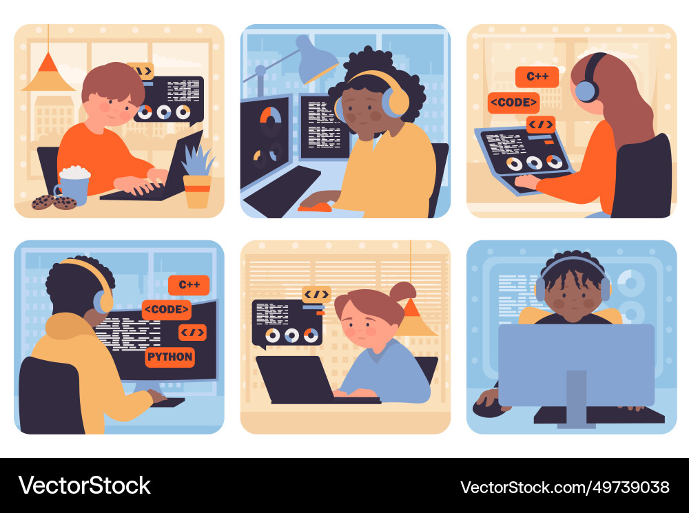 Programming concept with people situation set Programming concept with people situation set Vector Image