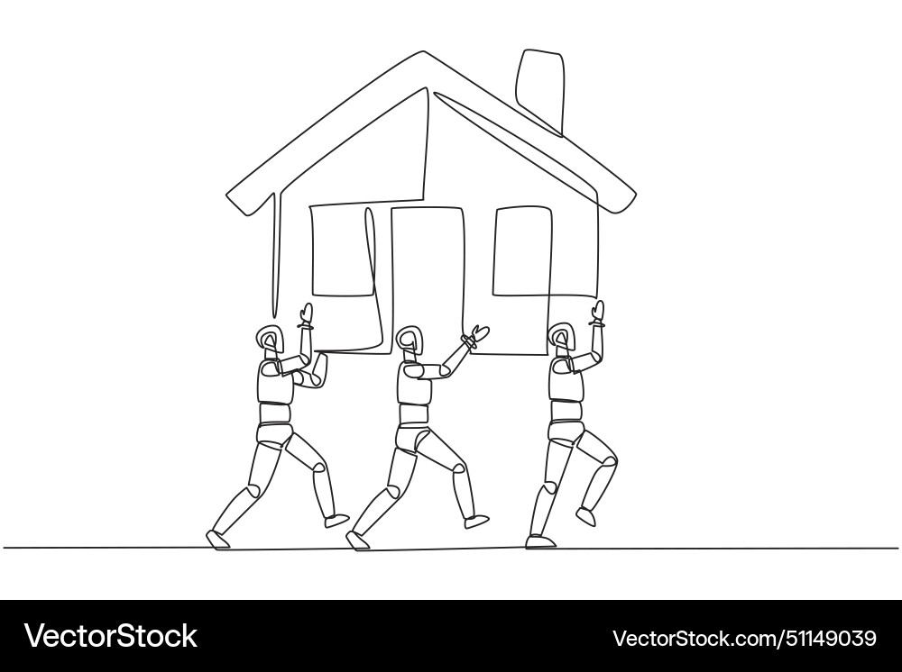 Single one line drawing group of robots work Vector Image