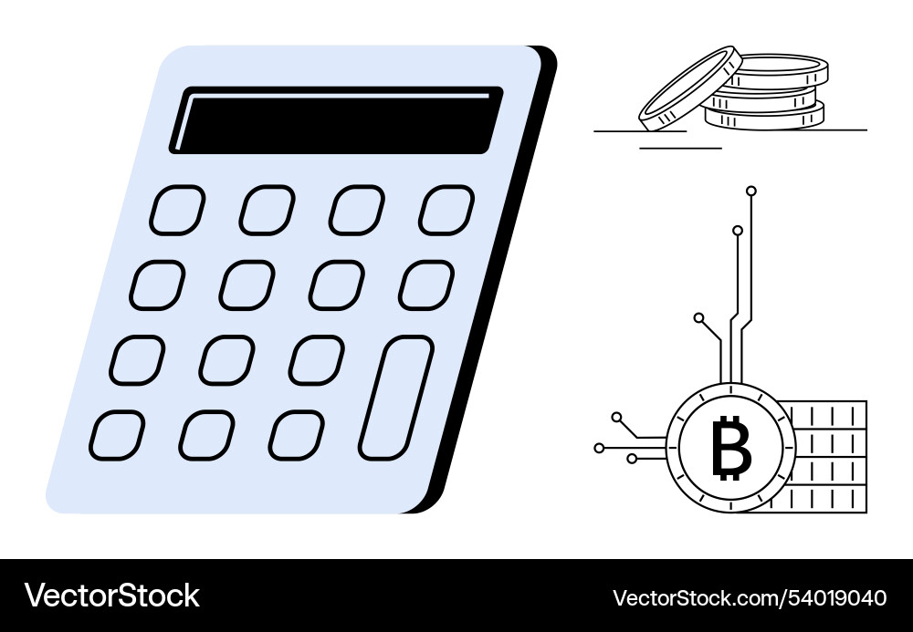 Digital calculator with bitcoin symbol and coin Digital calculator with bitcoin symbol and coin Vector Image