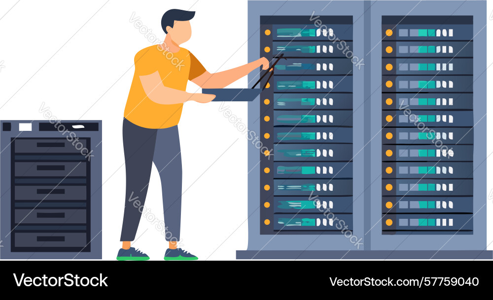 It technician working on server racks design Vector Image