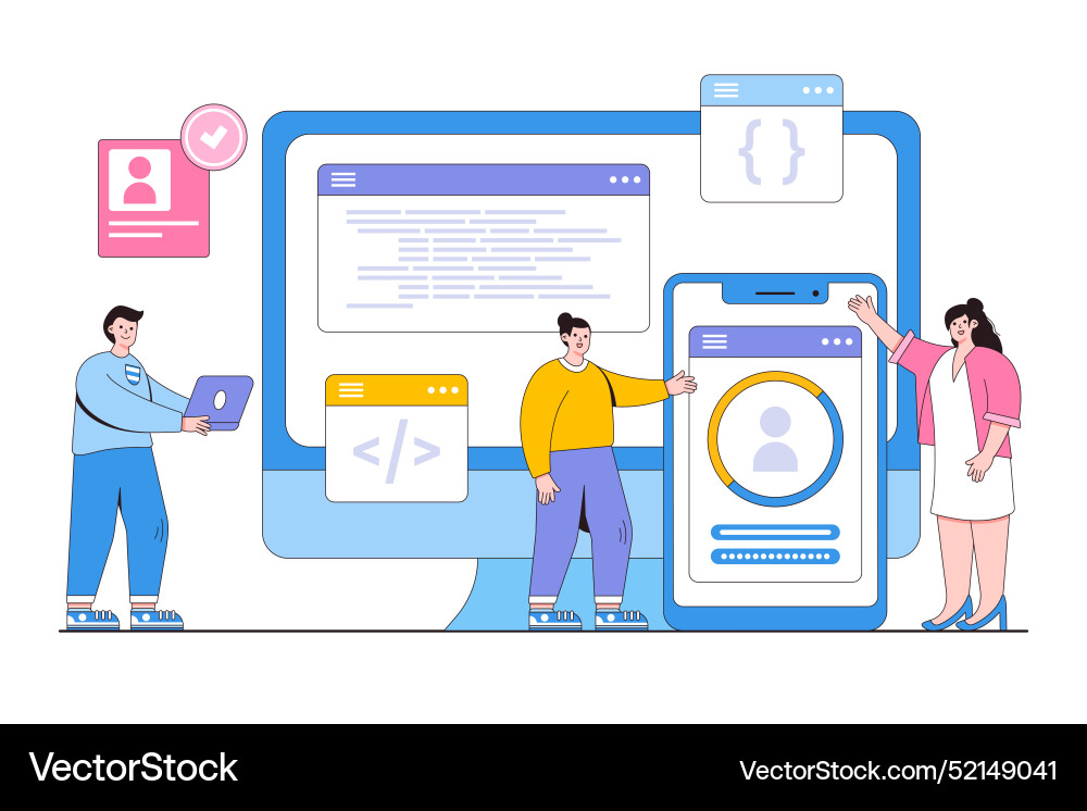 Flat business developer team working on device Flat business developer team working on device Vector Image