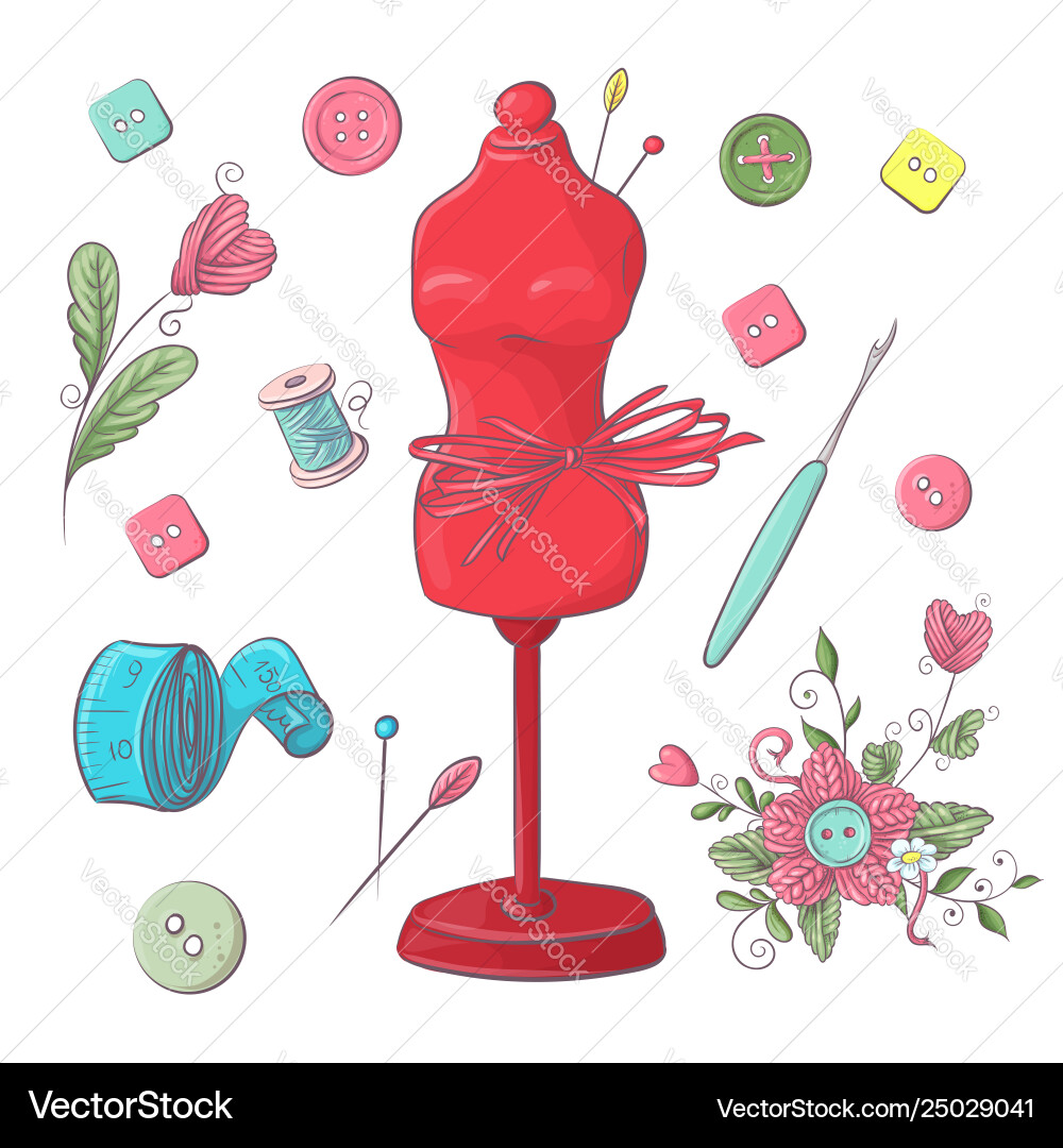 Set Mannequin Nähzubehör Handzeichnung Set Mannequin Nähzubehör Handzeichnung vektorbild