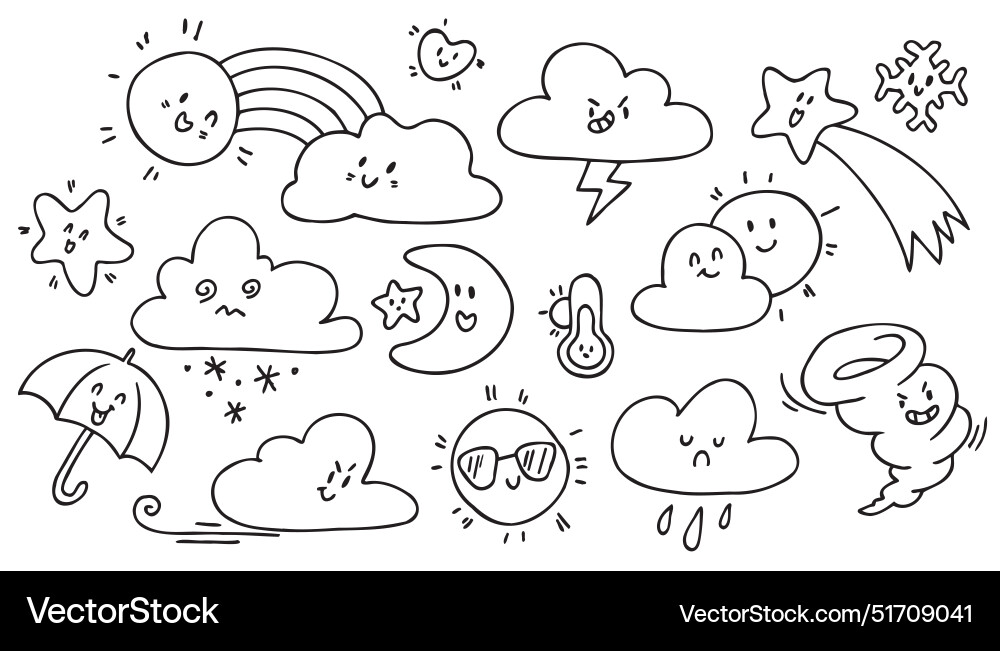 Weather doodles icon set children drawing style Weather doodles icon set children drawing style vector image