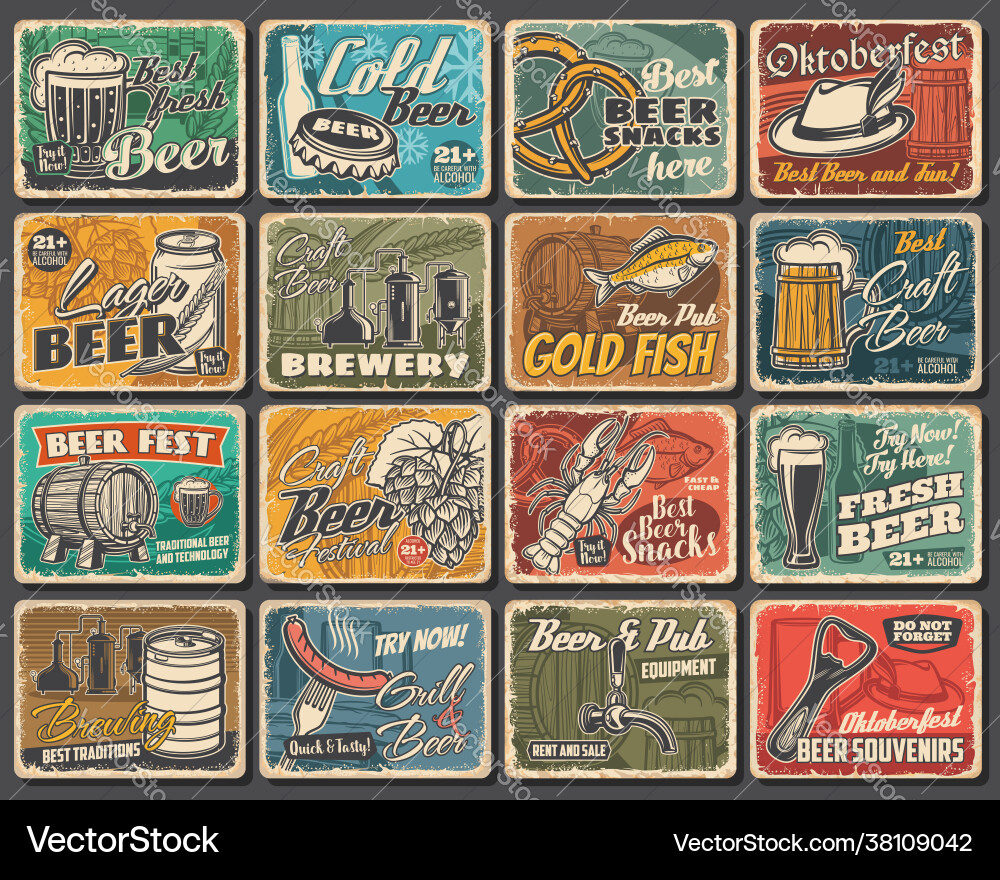 Beer fest pub and brewery snacks tin signs set Beer fest pub and brewery snacks tin signs set vector image