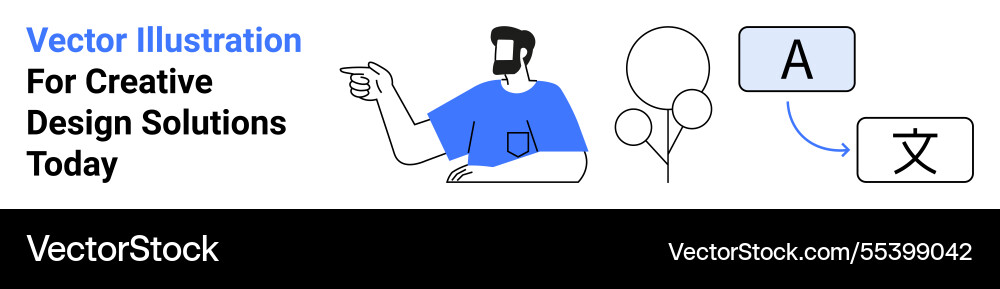Man pointing towards design elements with text Man pointing towards design elements with text Vector Image