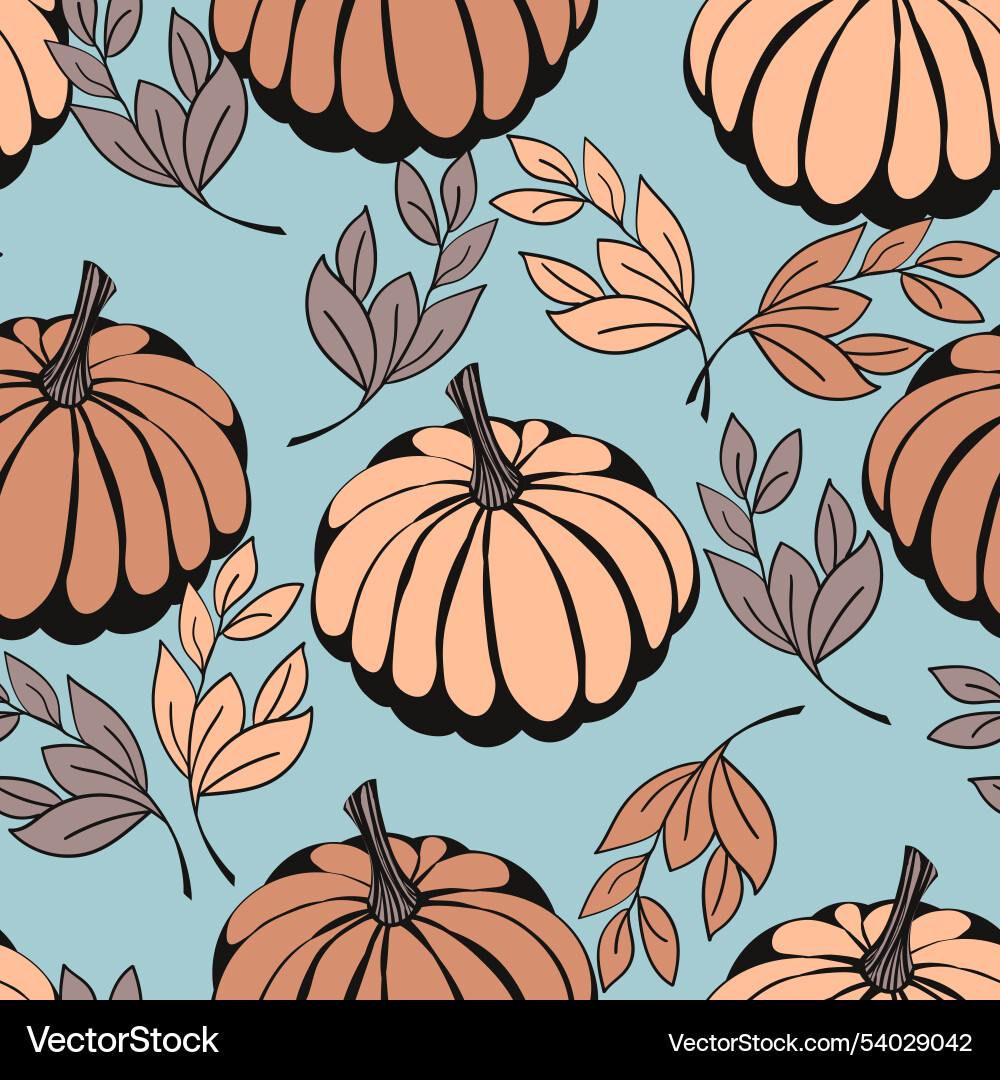 Seamless pattern with pumpkins on color background vector image