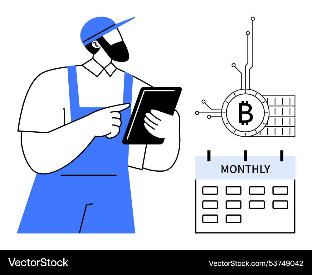 Worker holding tablet with bitcoin network Worker holding tablet with bitcoin network vector image