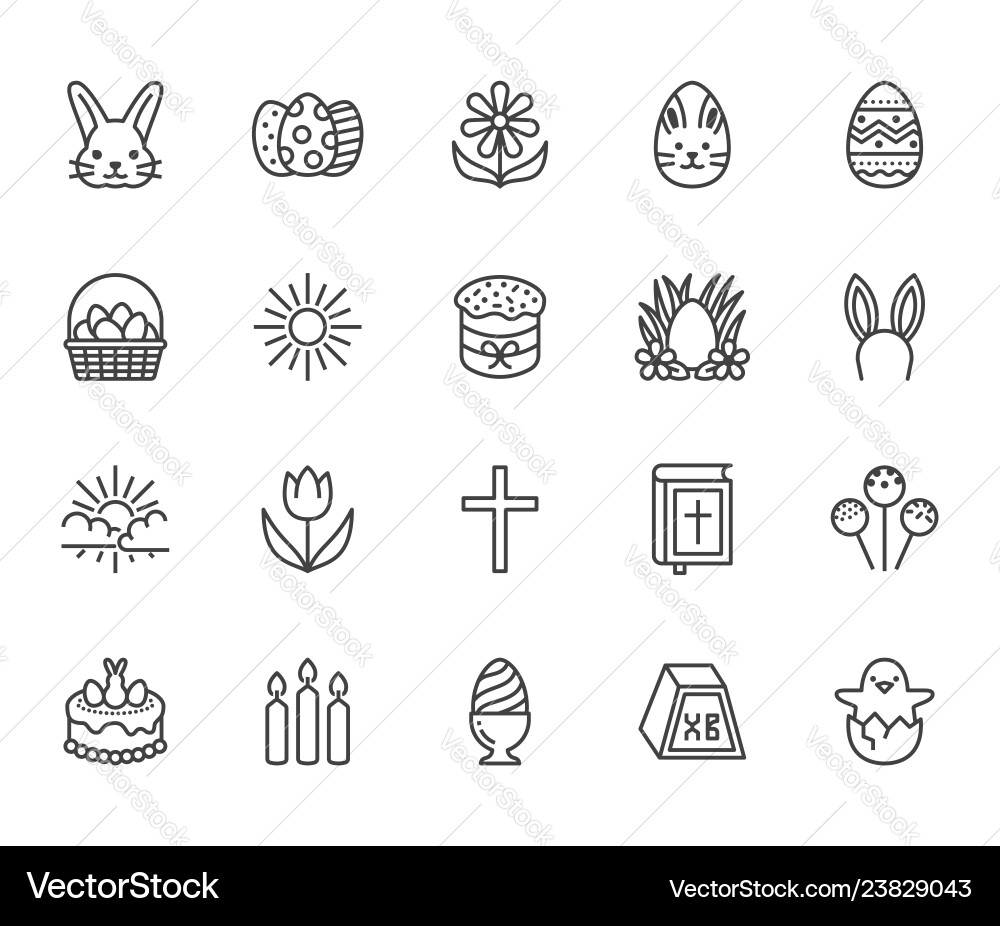 Easter flat line icons set colored eggs basket Easter flat line icons set colored eggs basket Vector Image