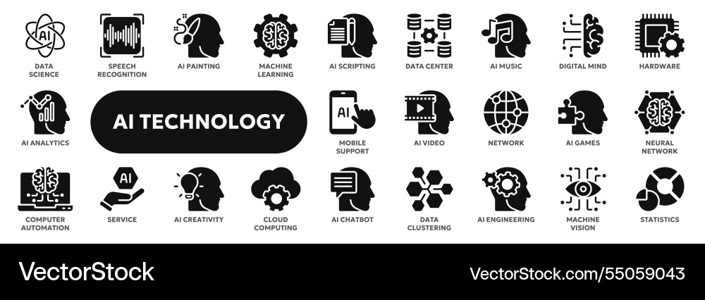 Set of solid icons artificial intelligence Set of solid icons artificial intelligence vector image