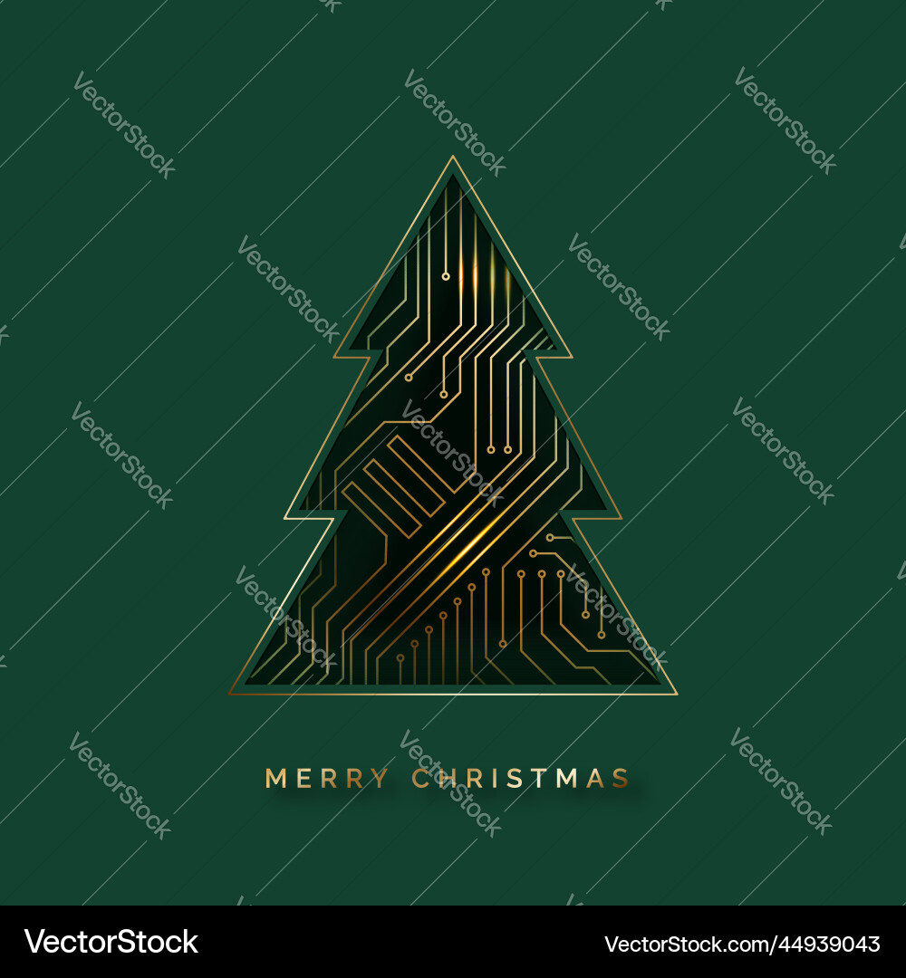 Tech Christmas Card - Tree & Microchip Vector Image
