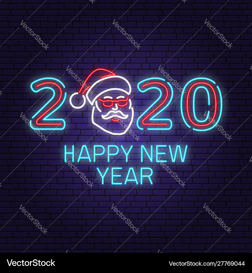 Happy new year 2020 neon sign with santa claus vector image