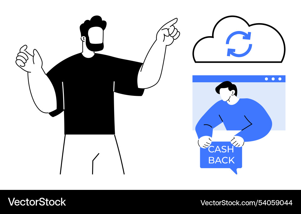 Man explaining cashback and synchronization online Vector Image