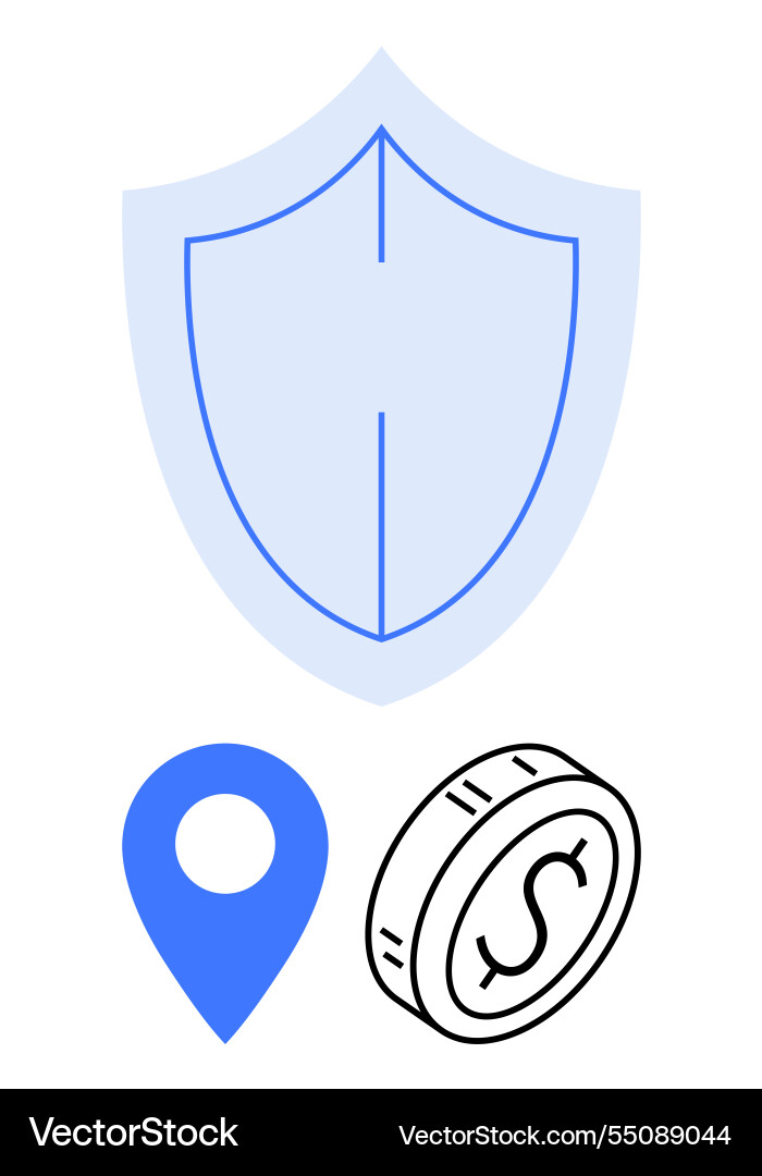 Shield with location marker and coin symbolizing Shield with location marker and coin symbolizing vector image