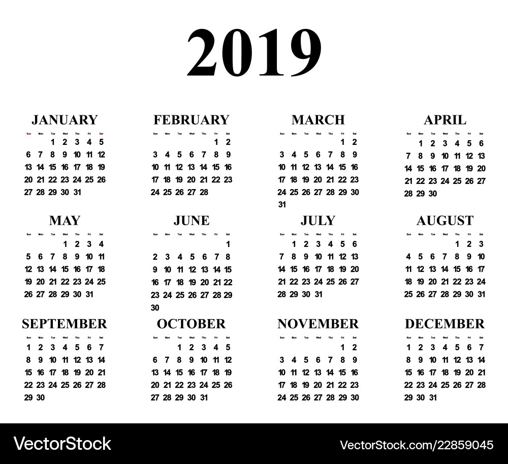 Calendar for the year 2019 Calendar for the year 2019 vector image