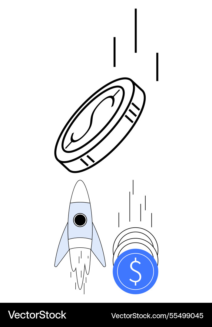 Coin ascending with rocket and stacks Coin ascending with rocket and stacks vector image
