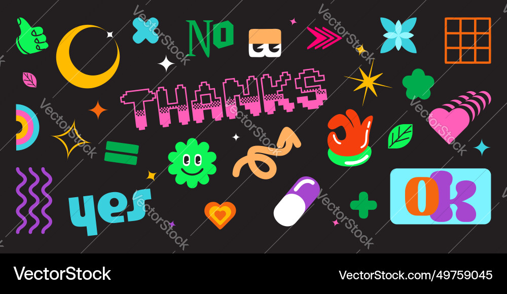 Y2k colorful abstract shapes and text signs Y2k colorful abstract shapes and text signs vector image